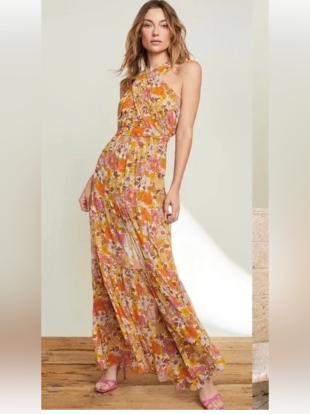 Veronica Beard Mustard and Pink Floral Halter Maxi Dress